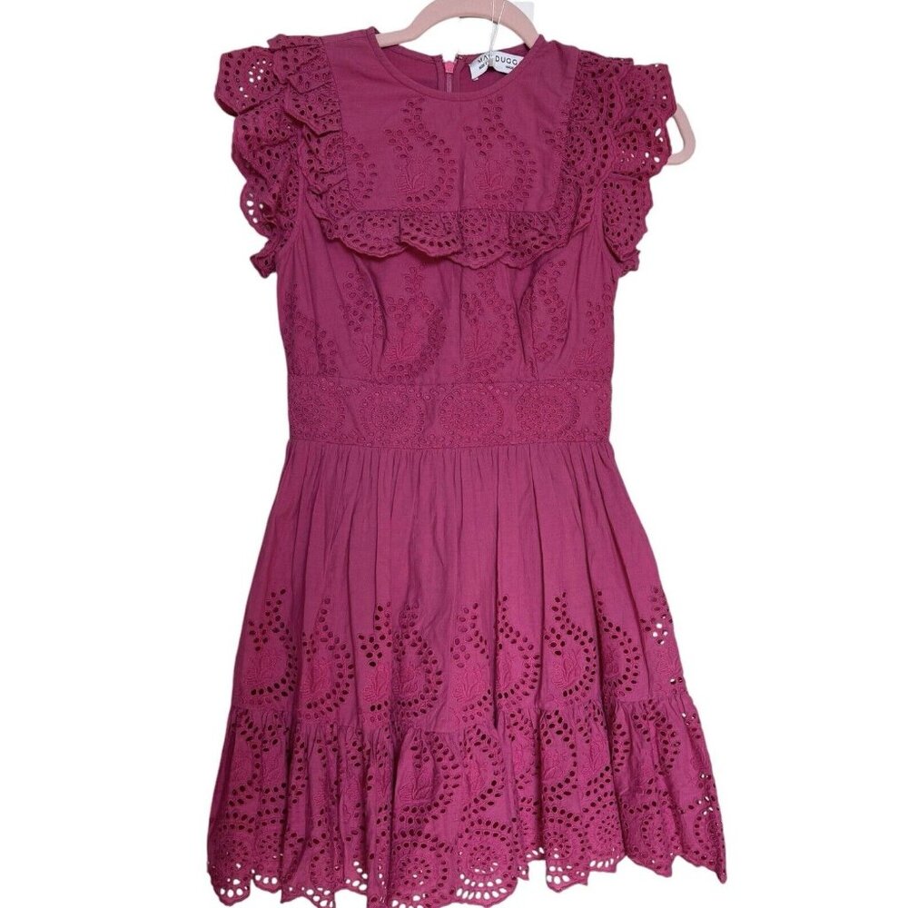 Mac Duggal Dress Size 2 Pink Eyelet Ruffle Tiered Short Sleeve 8021 $298